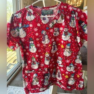 Cheerful Snowman Print Red Scrub Top